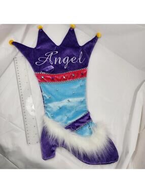 Christmas 17" Shoe Stocking Angel Princess Crown Sock Purple Blue Fluff Fur